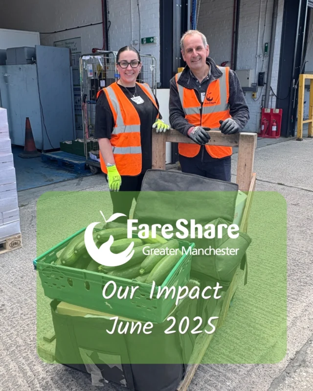🌟 What a month! 🌟

💚In July, FareShare Greater Manchester rescued and redistributed almost 210 tonnes of surplus food to 273 charities & community groups across our region – stopping it from going to waste and getting it to those who need it most. 
That’s the equivalent of 499,620 meals! 🥗🍞🥩🍎

Here’s what we shared:
🥦 86 tonnes of veg
🍏 22 tonnes of fruit
🥛 14.3 tonnes of dairy
🍞 13.4 tonnes of bread
🥩 12 tonnes of meat

🙌 We couldn’t do it without our brilliant suppliers, volunteers, corporate partners & staff. 

👏 A special shout-out to the 71 corporate volunteers from 11 companies who donated 426 hours of their time last month! 

💚 Thank you all for helping us fight food waste and hunger – together we’re making a huge difference.

#FareShareGM #FoodWaste #FightHunger #CommunityImpact #ThankYou